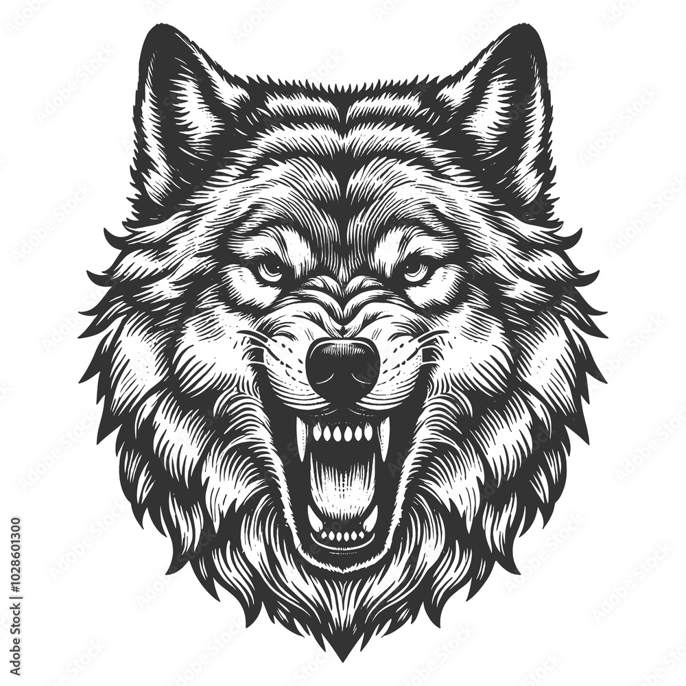 fierce howling wolf growling with bared teeth. Tattoo design. Strength and wild nature sketch engraving generative ai raster illustration. Scratch board imitation. Black and white image. fierce howling wolf growling with bared teeth. Tattoo design. Strength and wild nature sketch engraving generative ai raster illustration. Scratch board imitation. Black and white image.