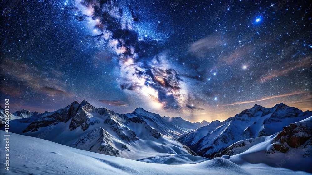 night sky full of stars over snow mountains in winter Worm's Eye View night sky full of stars over snow mountains in winter Worm's Eye View