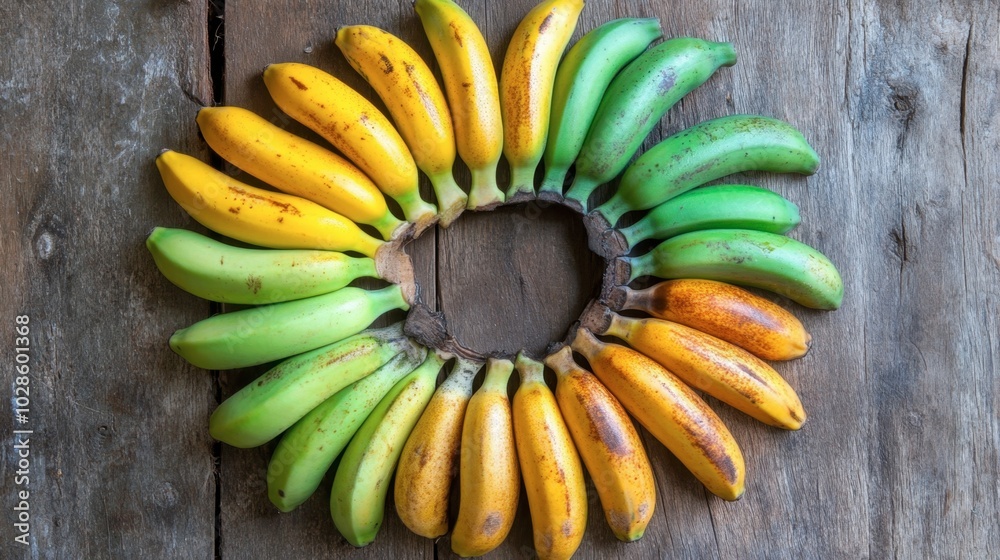 Circular Arrangement of Bananas on Wooden Surface Circular Arrangement of Bananas on Wooden Surface