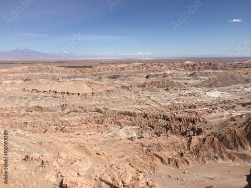 Atacama Desert's rugged terrain under a blue sky