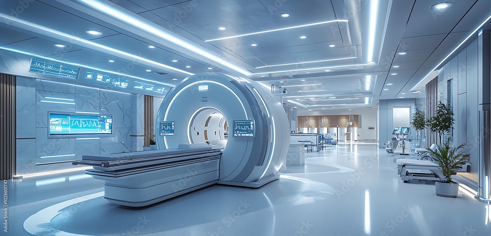 Hospital's diagnostic area with an advanced MRI machine, showcasing modern medical tech. Hospital's diagnostic area with an advanced MRI machine, showcasing modern medical tech.