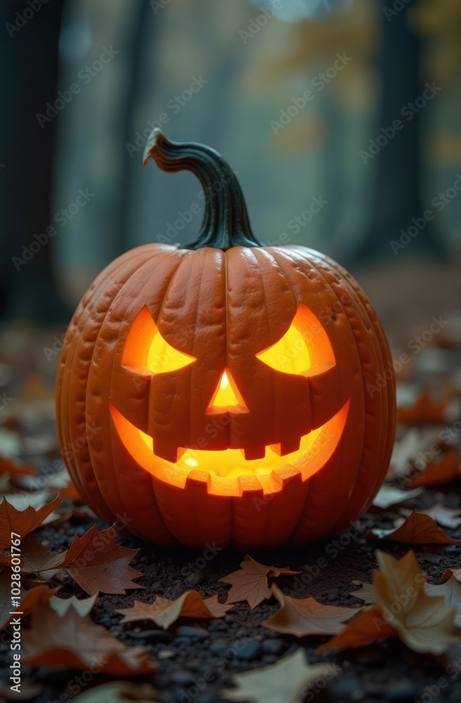 Close up view of scary Halloween pumpkin with eyes glowing inside at blurred forest background Close up view of scary Halloween pumpkin with eyes glowing inside at blurred forest background
