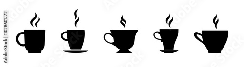 Hot cup with beverage vector silhouette icon set