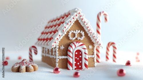 3d cartoon house made of christmas striped candy canes, gingerbread and icing on white background, new year house model, seasonal treat, sweet holiday food, december, xmas