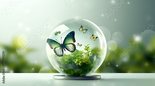 A glass fishbowl with butterflies and plants inside, blurred background