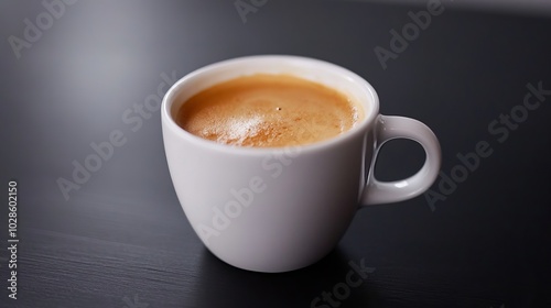 A coffee cup placed on a black table, captured with a shallow depth of field.