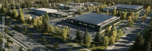 Obraz na płótnie Photorealistic data center surrounded by nature with solar panels w salonie