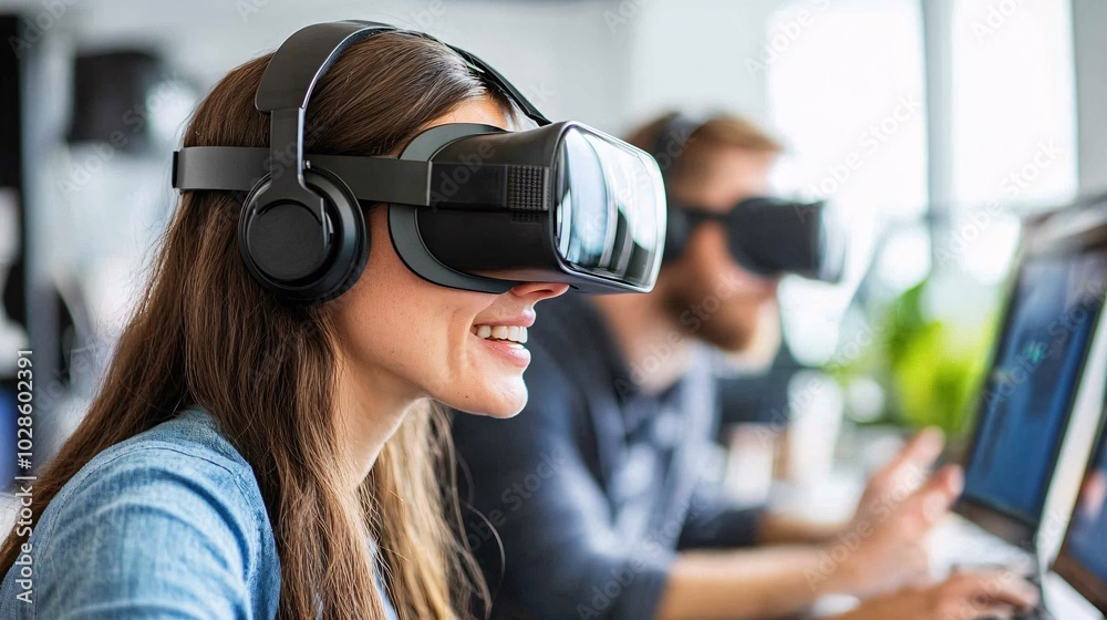 People using virtual reality headsets to explore urban architectural designs in a smart city office Stock Photo with side copy space People using virtual reality headsets to explore urban architectural designs in a smart city office Stock Photo with side copy space