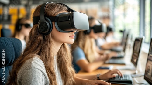 People using virtual reality headsets to explore urban architectural designs in a smart city office Stock Photo with side copy space