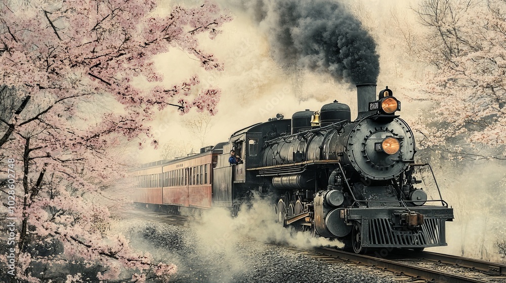 Naklejka premium Train and Cherry Blossom