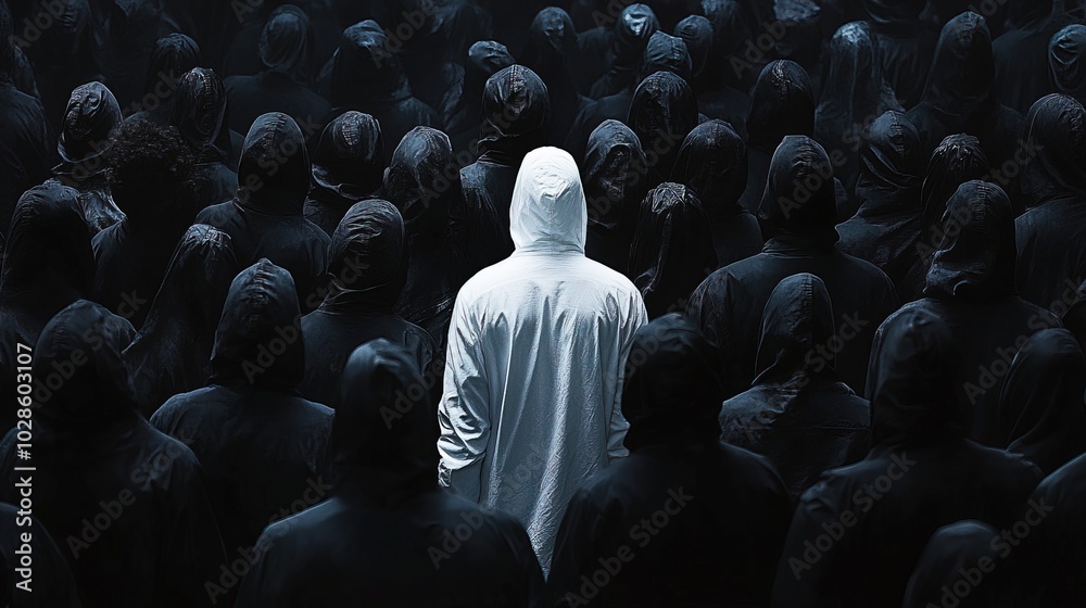Obraz premium White figure distinct among black crowd, representing the concept of finding