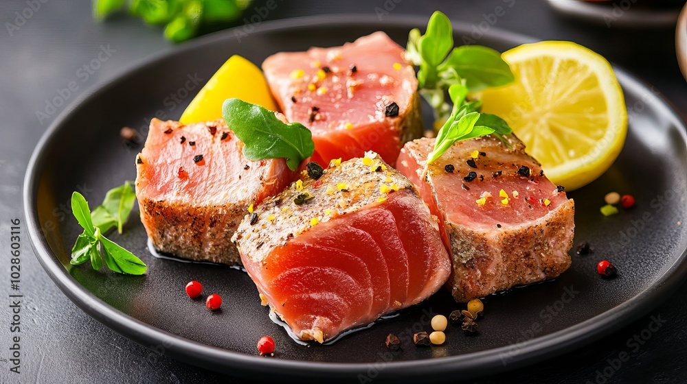 A chunk of roasted tuna with lemon, served on a black porcelain plate. A chunk of roasted tuna with lemon, served on a black porcelain plate.