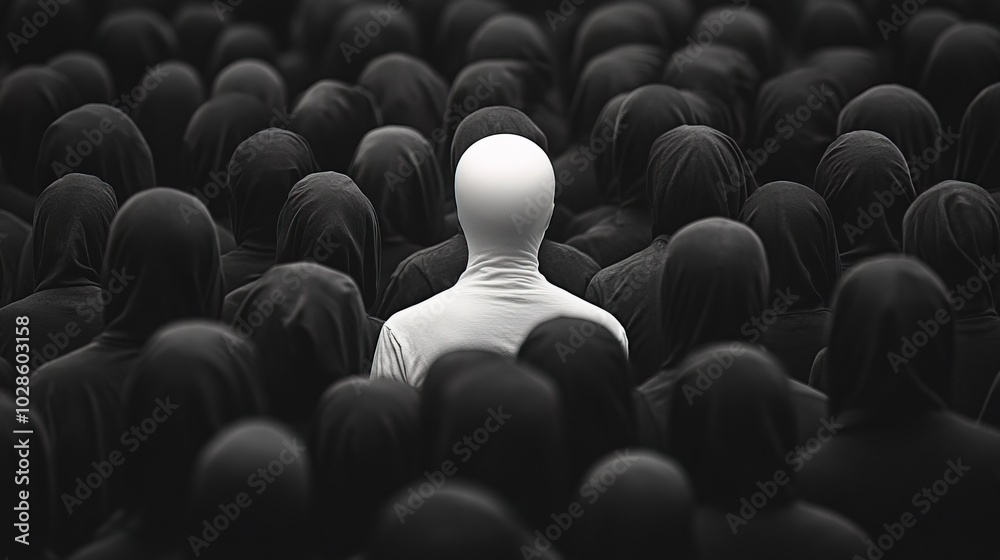 Fototapeta premium White figure distinct among black crowd, representing the concept of finding