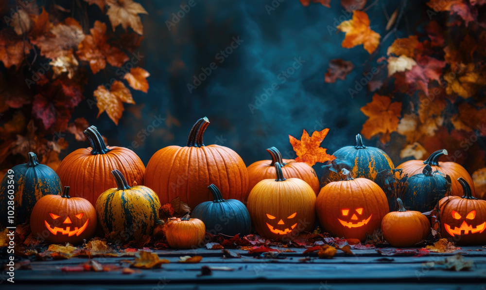 A large display of various Halloween pumpkins on a wooden table, complemented by a Thanksgiving-themed background. Great for festive autumn decorations