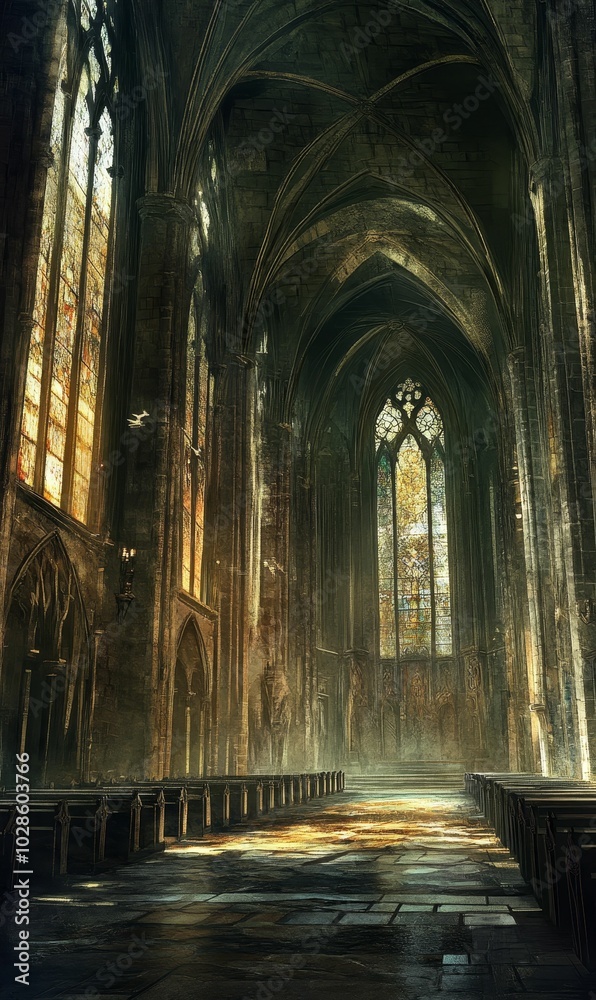 A gothic cathedral interior bathed in light. A gothic cathedral interior bathed in light.