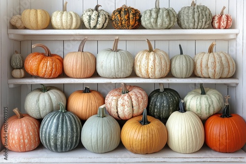 An autumnal display of pumpkins on white-painted shelves, bringing a seasonal, rustic charm perfect for holiday decor