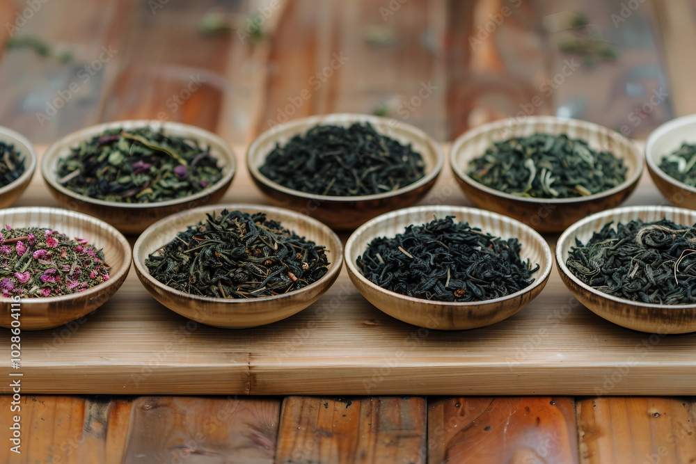 Assortment of traditional oriental tea leaves teatime ceremony hot and dry green black tea, Generative AI Assortment of traditional oriental tea leaves teatime ceremony hot and dry green black tea, Generative AI