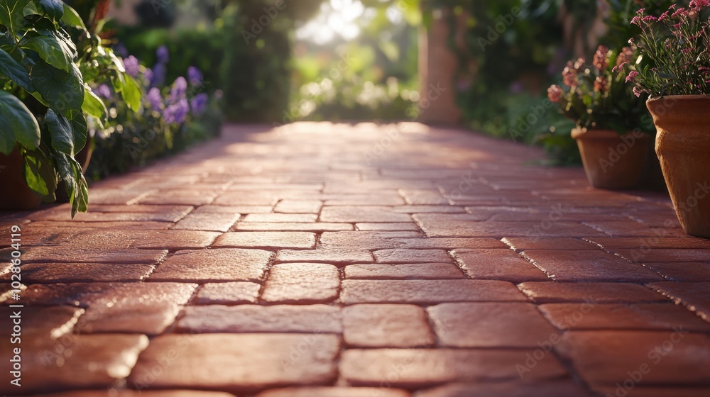 A close-up of reddish clinker paving stones, neatly arranged in a garden path, with decorative plants lining the edges. A close-up of reddish clinker paving stones, neatly arranged in a garden path, with decorative plants lining the edges.