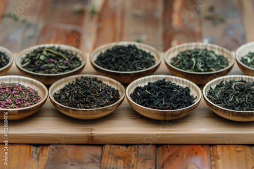 Assortment of traditional oriental tea leaves teatime ceremony hot and dry green black tea, Generative AI