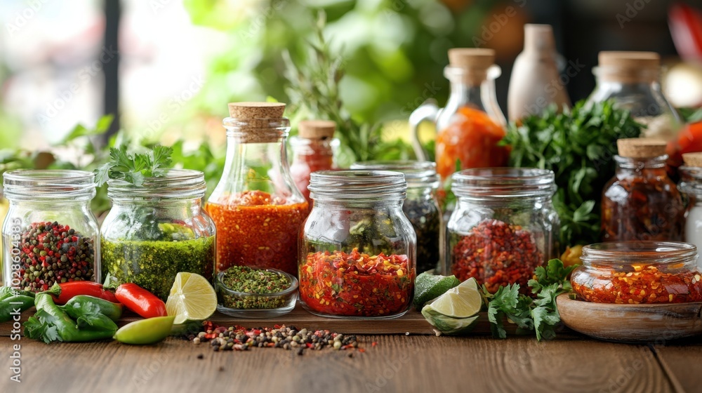 A collection of glass jars filled with colorful spicy condiments, arranged on a wooden table with fresh ingredients. A collection of glass jars filled with colorful spicy condiments, arranged on a wooden table with fresh ingredients.