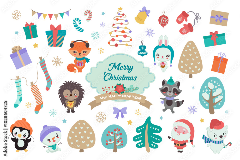 Fototapeta premium Cute Christmas clipart collection - cartoon animals and winter holiday symbols. Flat design elements vector illustration. Whimsical characters - penguin, polar bear, hedgehog, raccoon, fox, snowman.