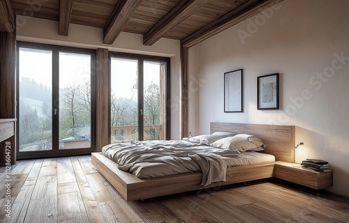 A serene bedroom with wooden floors, large windows, and a forest view. The design is minimalist, earthy, and peaceful.