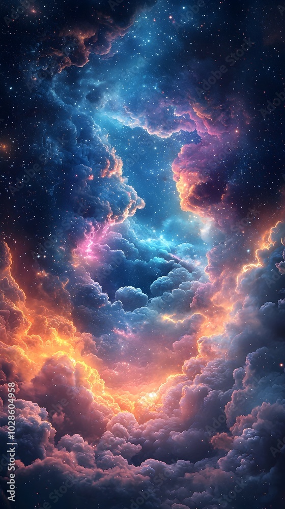Fototapeta premium A mesmerizing view of a cosmic sky filled with vibrant clouds and twinkling stars, creating a celestial dreamscape.
