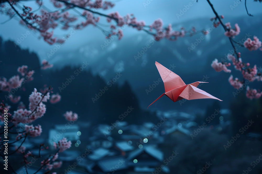 Generative AI origami crane with cherry blossoms at twilight Generative AI origami crane with cherry blossoms at twilight
