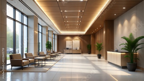 Modern office interior with waiting area and large windows.