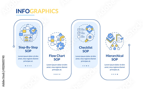 Standard operating procedure examples rectangle infographic vector. Manufacturing, administration. Data visualization with 5 steps. Editable rectangular options chart. Lato-Bold, Regular fonts used