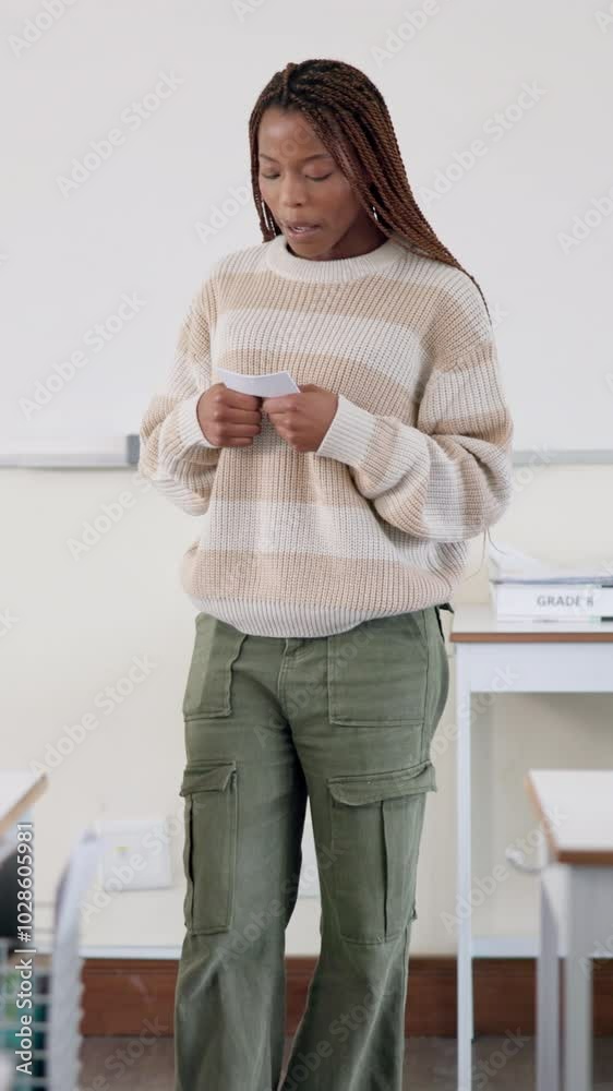 Assignment, education and presentation with student black woman in classroom of college for speech. Notes, talking and thinking with learner at school or university for learning, scholarship or study Assignment, education and presentation with student black woman in classroom of college for speech. Notes, talking and thinking with learner at school or university for learning, scholarship or study