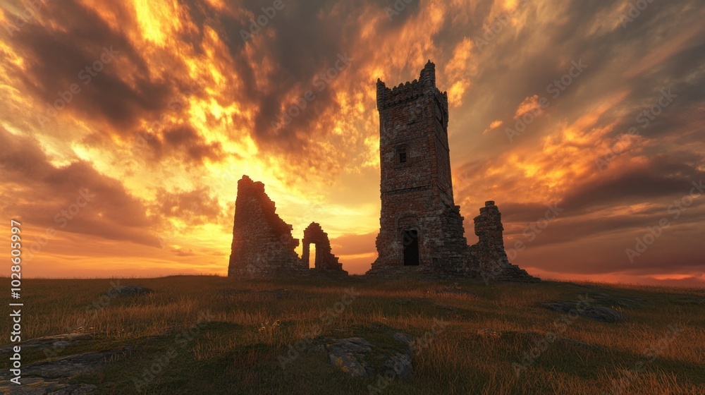 Obraz premium Ruins of an Ancient Castle at Sunset