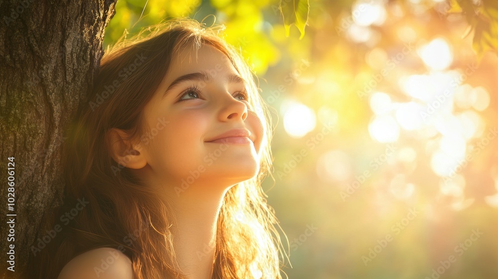 Fototapeta premium Stock minimalist photograph of a happy teenage girl with an introspective expression, leaning against a tree, surrounded by soft sunlight filtering through the leaves