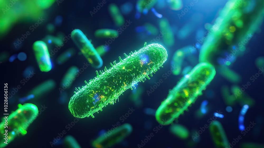 Microscopic view of bacteria, showcasing vibrant green colors and intricate textures against a dark background. Microscopic view of bacteria, showcasing vibrant green colors and intricate textures against a dark background.