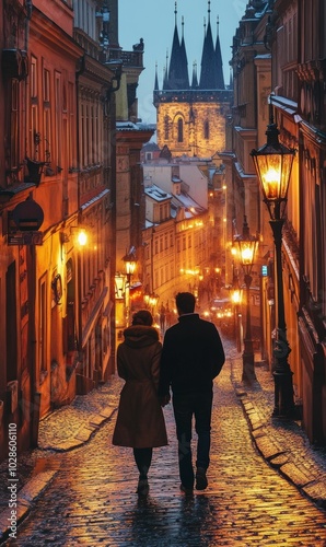 Couple walks down cobblestone street at dusk. photo