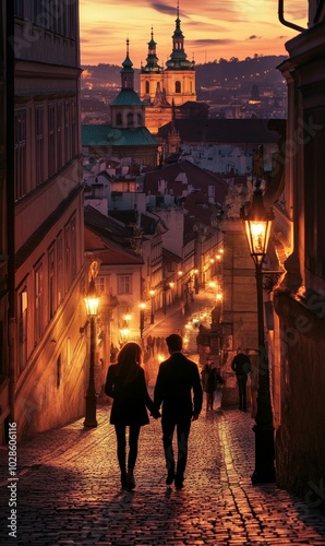 Couple walking up cobblestone street at dusk.