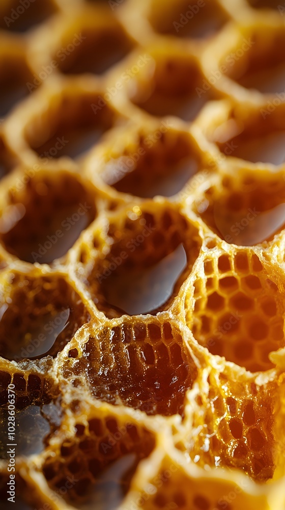 A close-up of a honeycomb, showing the intricate hexagonal structure and the golden honey filling the cells. A close-up of a honeycomb, showing the intricate hexagonal structure and the golden honey filling the cells.