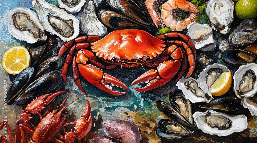A fresh seafood collage, showcasing a rich variety of crabs, shrimp, oysters, mussels, and fish, highlighting the ocean's culinary offerings. A fresh seafood collage, showcasing a rich variety of crabs, shrimp, oysters, mussels, and fish, highlighting the ocean's culinary offerings.