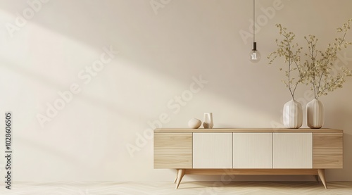 A minimalist living room with wooden furniture and neutral tones.