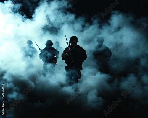 Silhouetted soldiers crossing a foggy landscape, representing conflict and resilience in challenging environments.