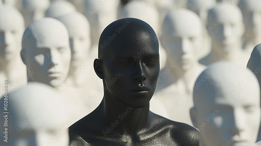 Black figure distinct among white crowd, representing the concept of finding Black figure distinct among white crowd, representing the concept of finding