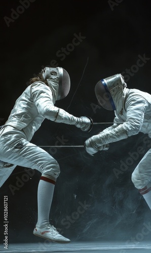 Two fencers lunge and thrust in a competition.