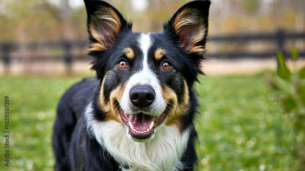 Smiling Border Collie with Alert Eyes Standing on Grass Smiling Border Collie with Alert Eyes Standing on Grass