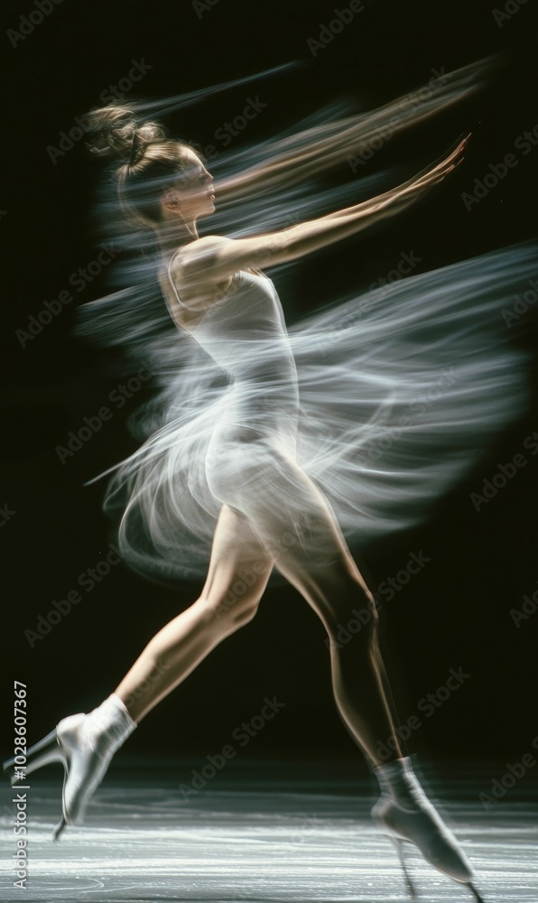 Obraz premium A blurred woman dances in white dress and heels.