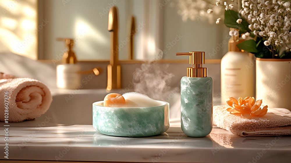 A close-up shot of a bathroom sink with a bowl of soapy water, a dispenser, and a towel. A close-up shot of a bathroom sink with a bowl of soapy water, a dispenser, and a towel.