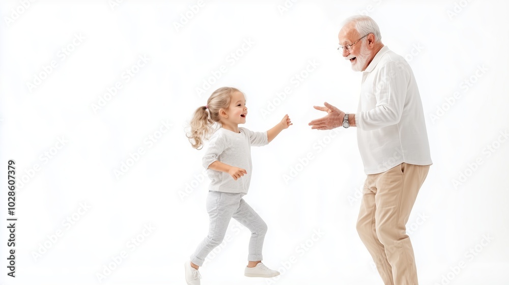 A joyful moment as a little girl dances with her grandfather in a bright and airy indoor space during a family gathering A joyful moment as a little girl dances with her grandfather in a bright and airy indoor space during a family gathering