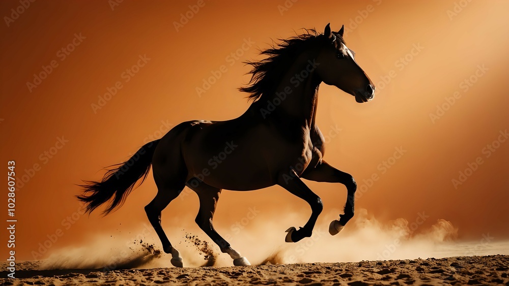 Silhouette of a horse running through a field of dust, with an orange sunset in the background. Silhouette of a horse running through a field of dust, with an orange sunset in the background.