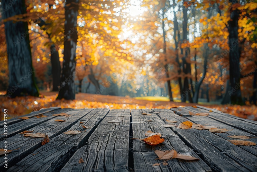 Wooden table top with a blurred autumn scene in the background, great for product displays, marketing, or seasonal advertising Wooden table top with a blurred autumn scene in the background, great for product displays, marketing, or seasonal advertising