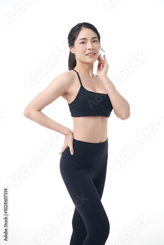 Beautiful young asian sport woman with sportswear ready for exercise on white background, Advertising sportswear and yoga wear, Healthy lifestyle, sport.