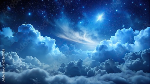 Nighttime fluffy clouds and starry dark blue sky